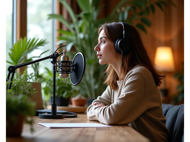 Podcast sobre sostenibilidad empresarial en estudio eco-friendly